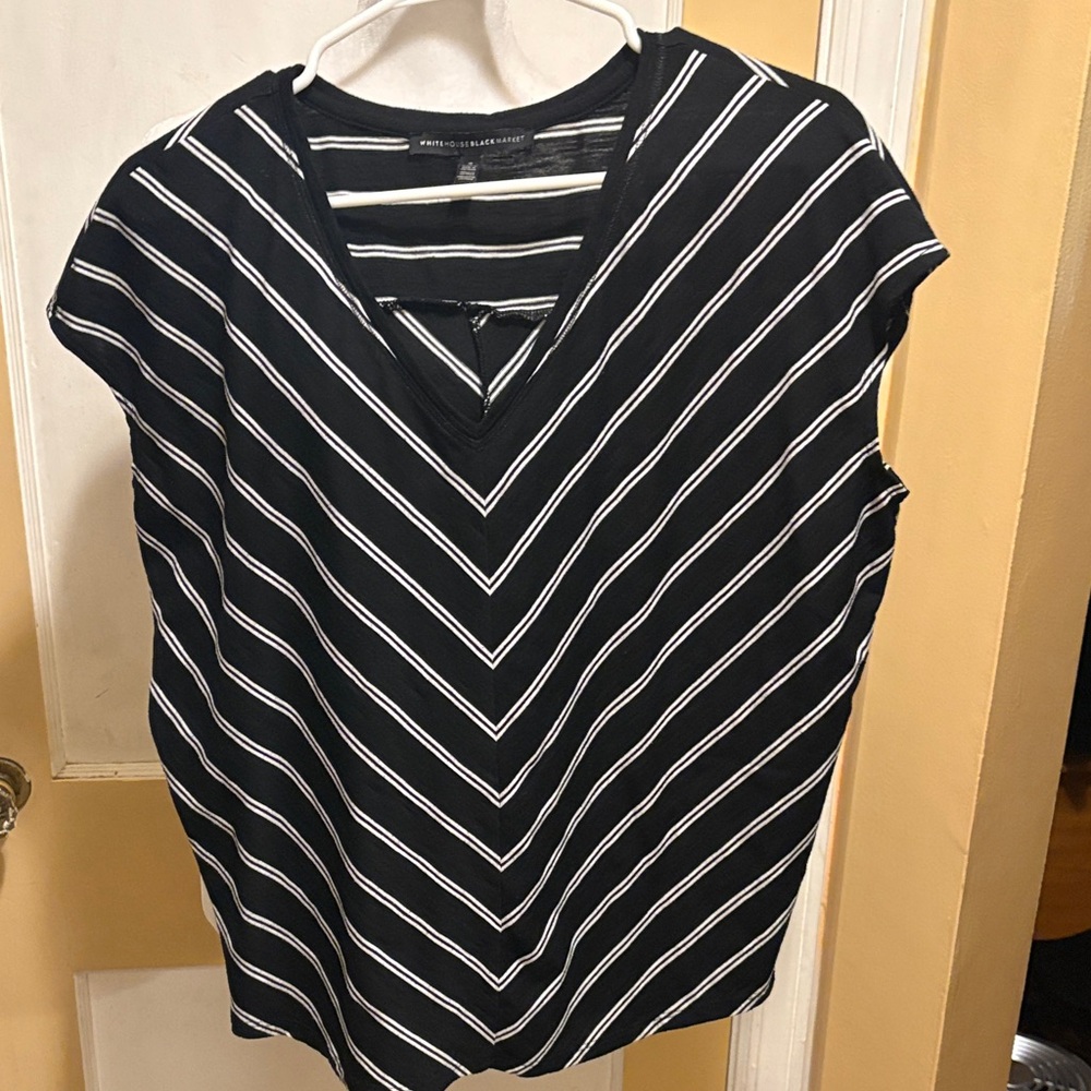 White House Black Market Black and White Striped V-Neck Tee